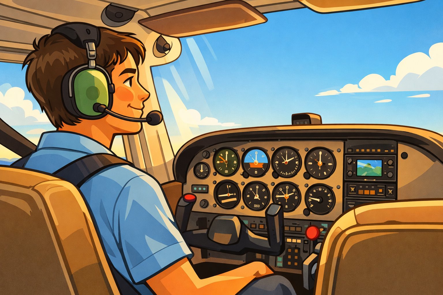 Student pilot in cockpit flying a small aircraft with instrument panel