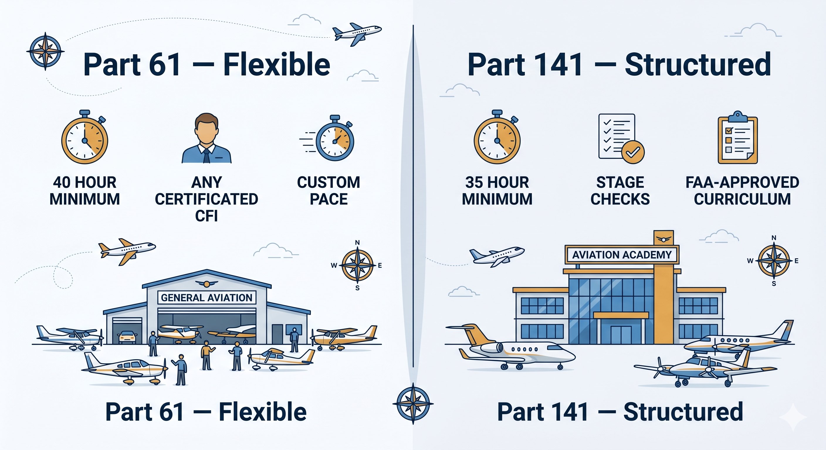 Part 61 vs Part 141 training comparison showing flexible vs structured curriculum, hour minimums, and school types