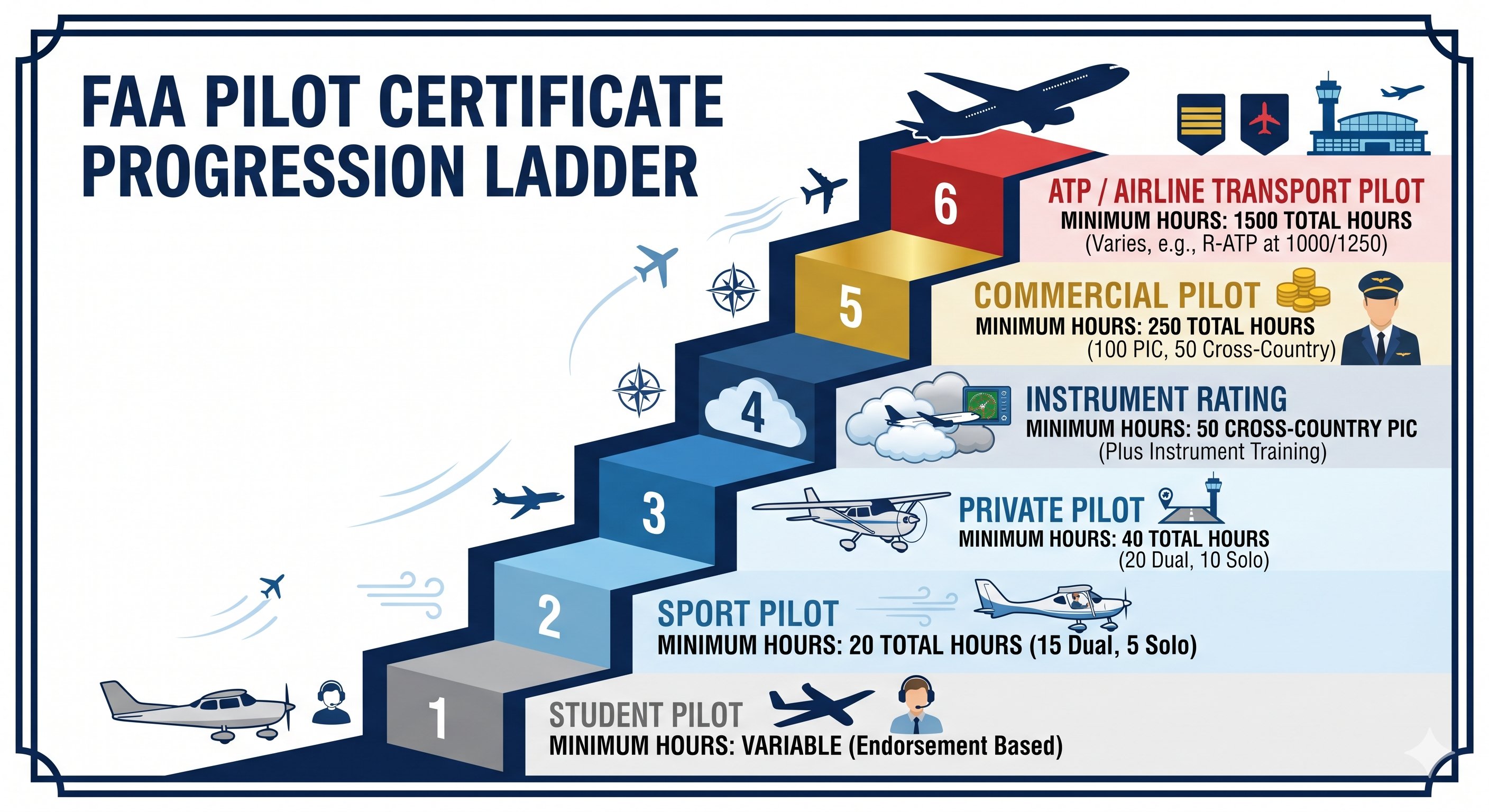 FAA pilot certificate progression ladder from Student Pilot through ATP with minimum hours per level