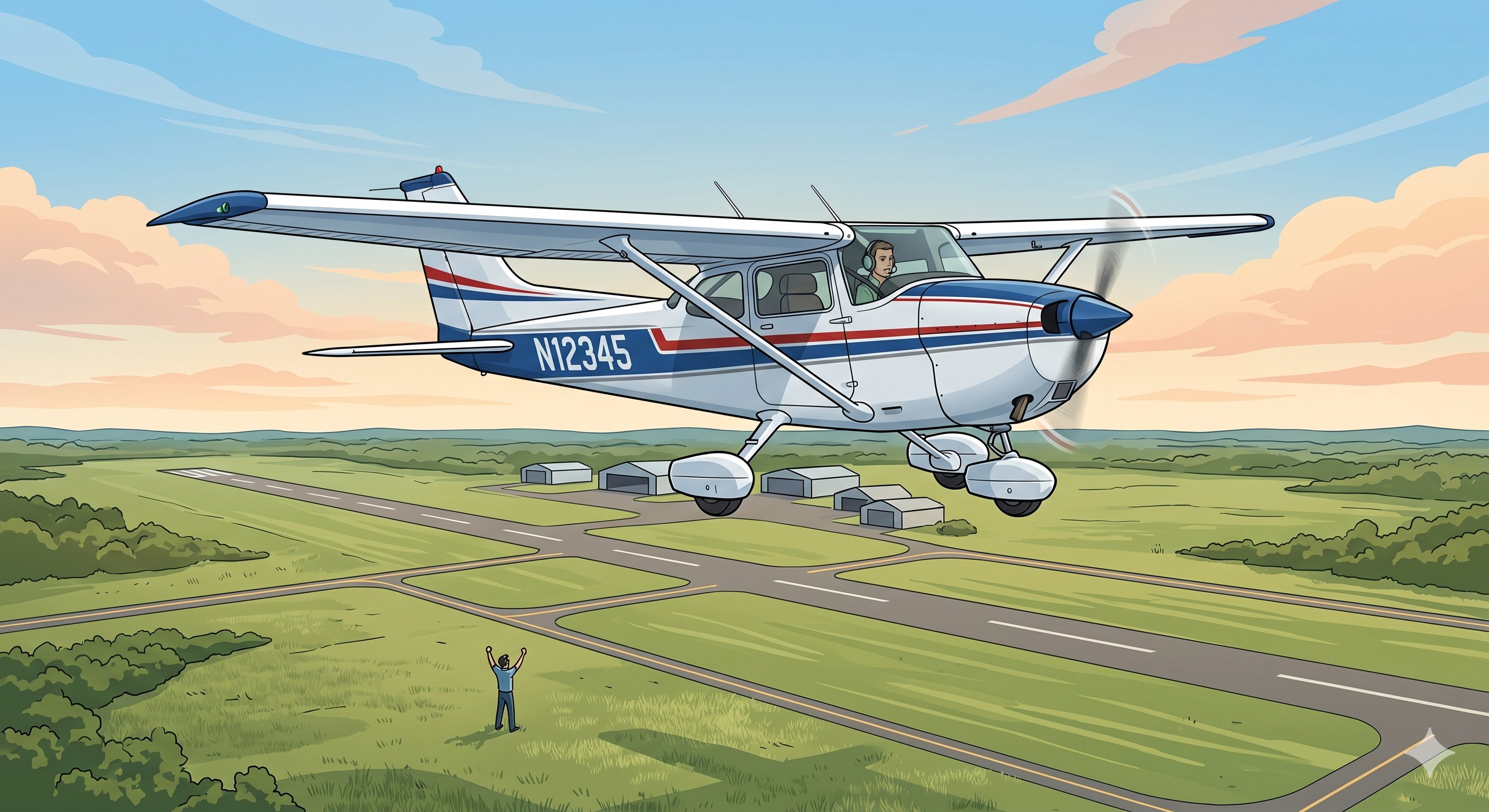 Student pilot's first solo flight in a Cessna 172, CFI watching from ground with arms raised