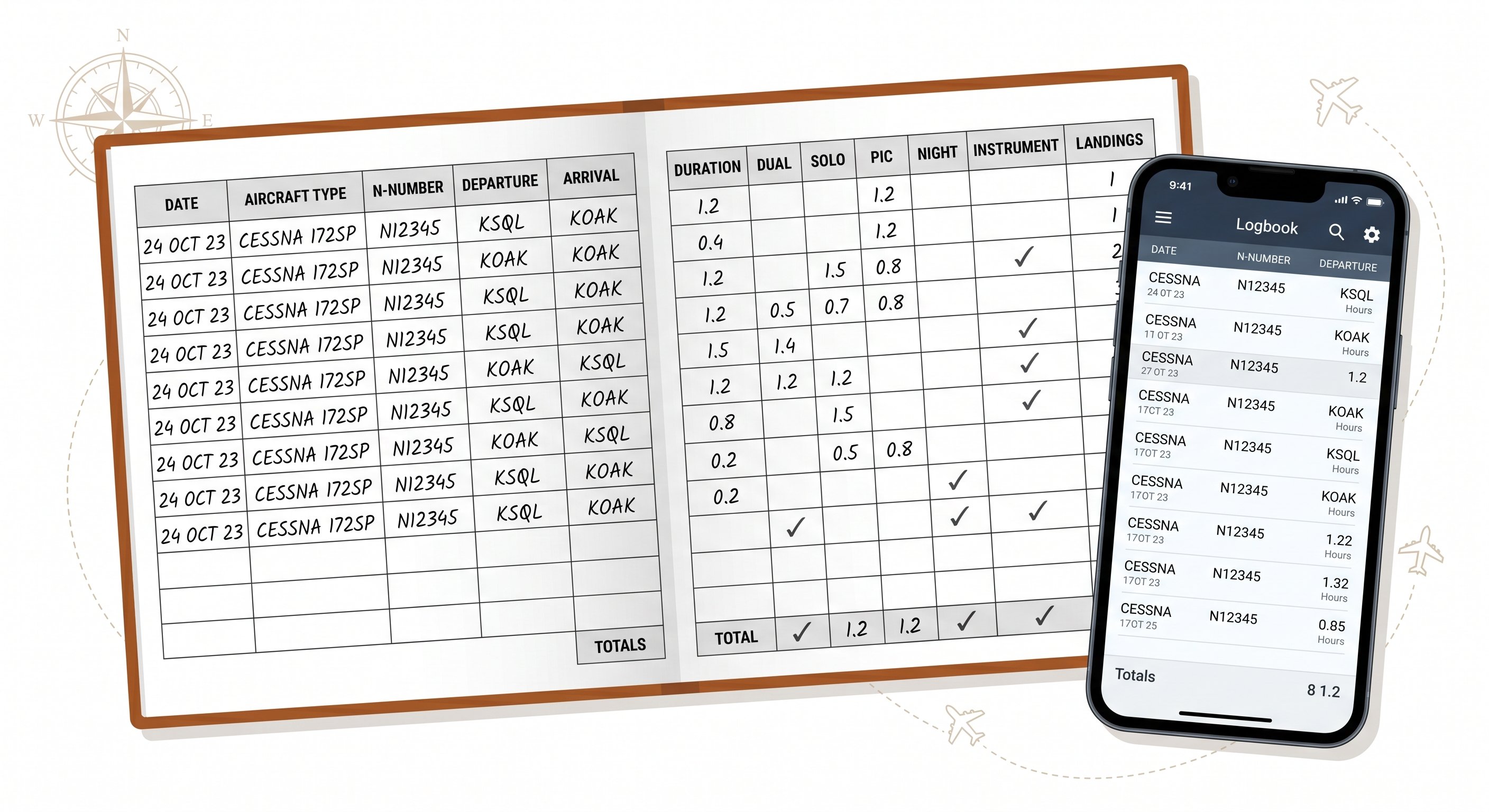 Pilot logbook open showing date, aircraft type, N-number, departure, arrival, and flight time columns with entries