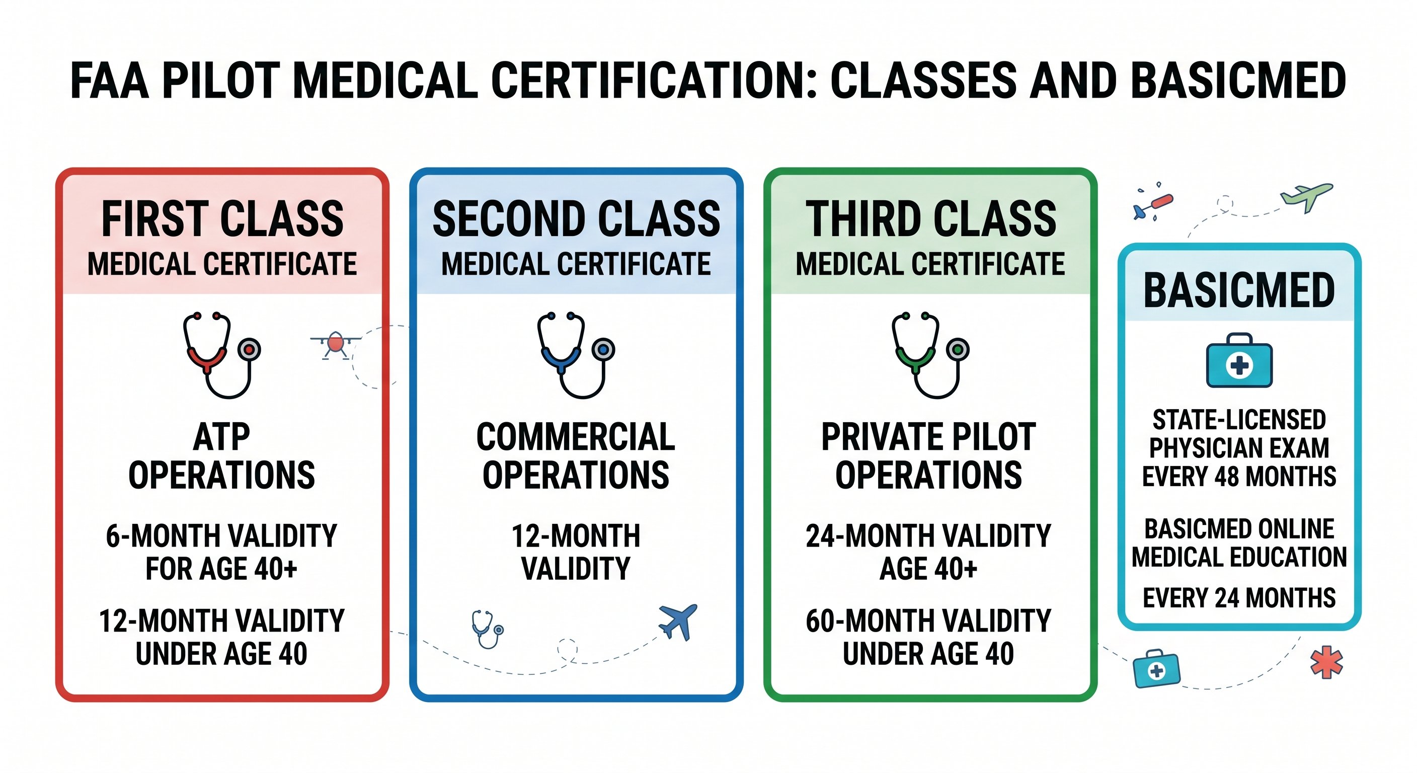 FAA medical certificate classes: First Class, Second Class, Third Class and BasicMed with validity periods