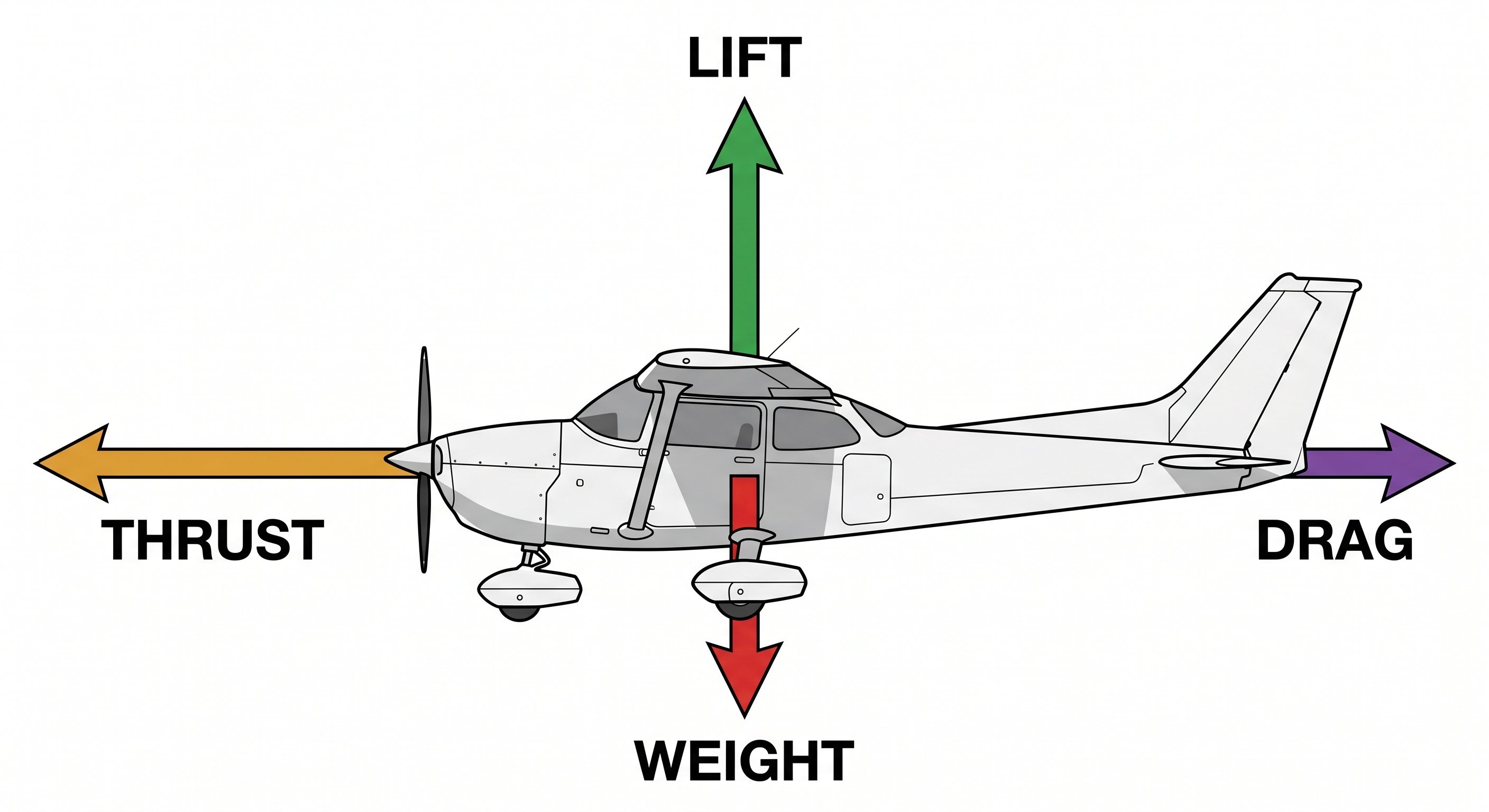 Four forces of flight diagram: Lift (green up), Weight (red down), Thrust (amber forward), Drag (purple rearward) on a Cessna