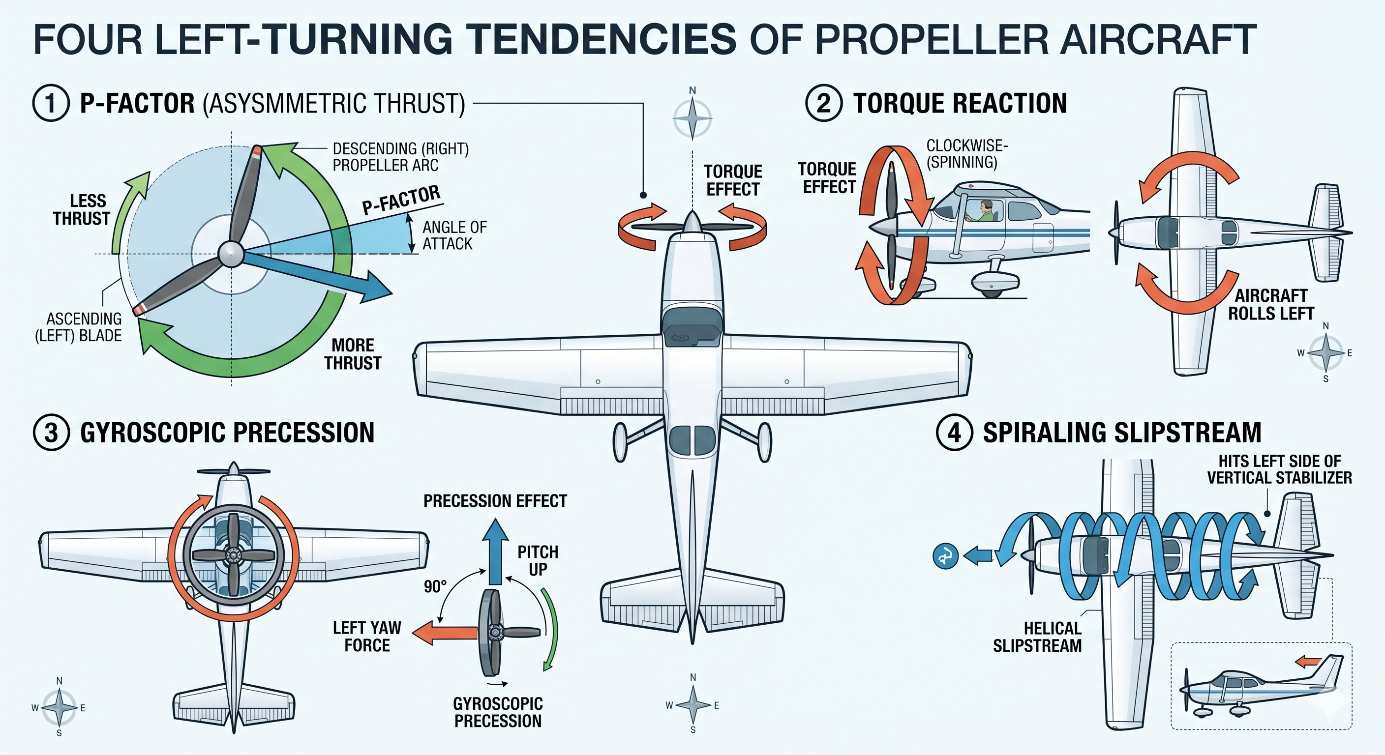 Four left-turning tendencies of propeller aircraft: P-factor, torque reaction, gyroscopic precession, spiraling slipstream
