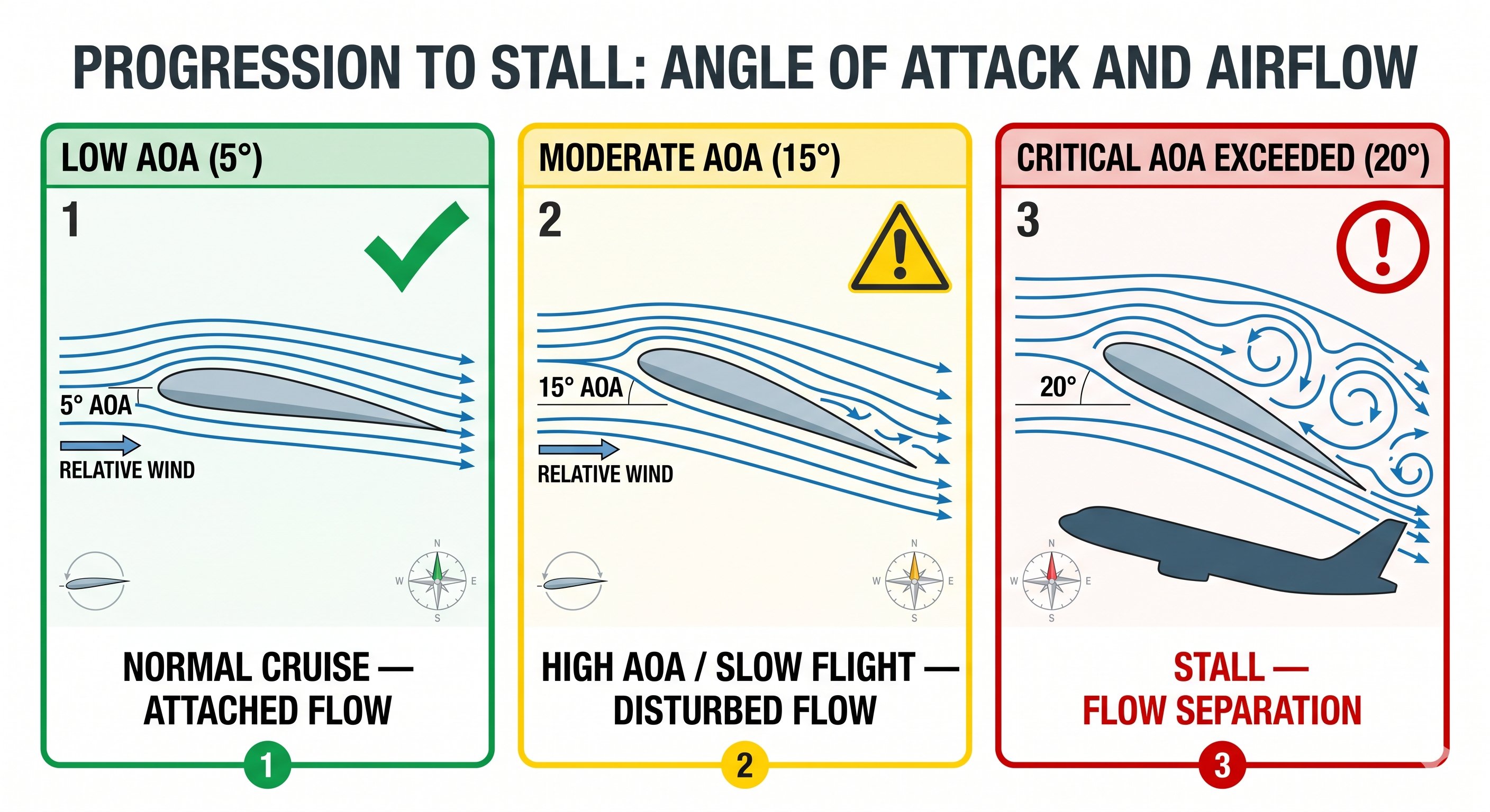 Three-panel diagram showing angle of attack progression: 5° normal cruise, 15° high AOA, 20° critical AOA with flow separation