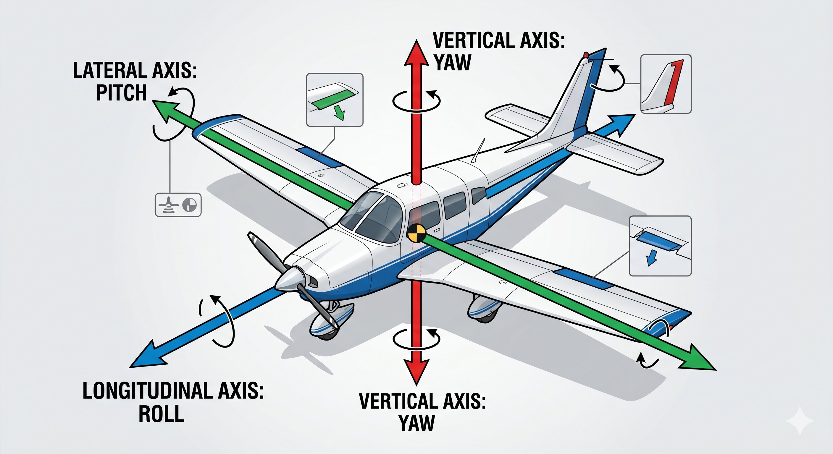 Three axes of rotation diagram: lateral axis (pitch/elevator), longitudinal axis (roll/ailerons), vertical axis (yaw/rudder)