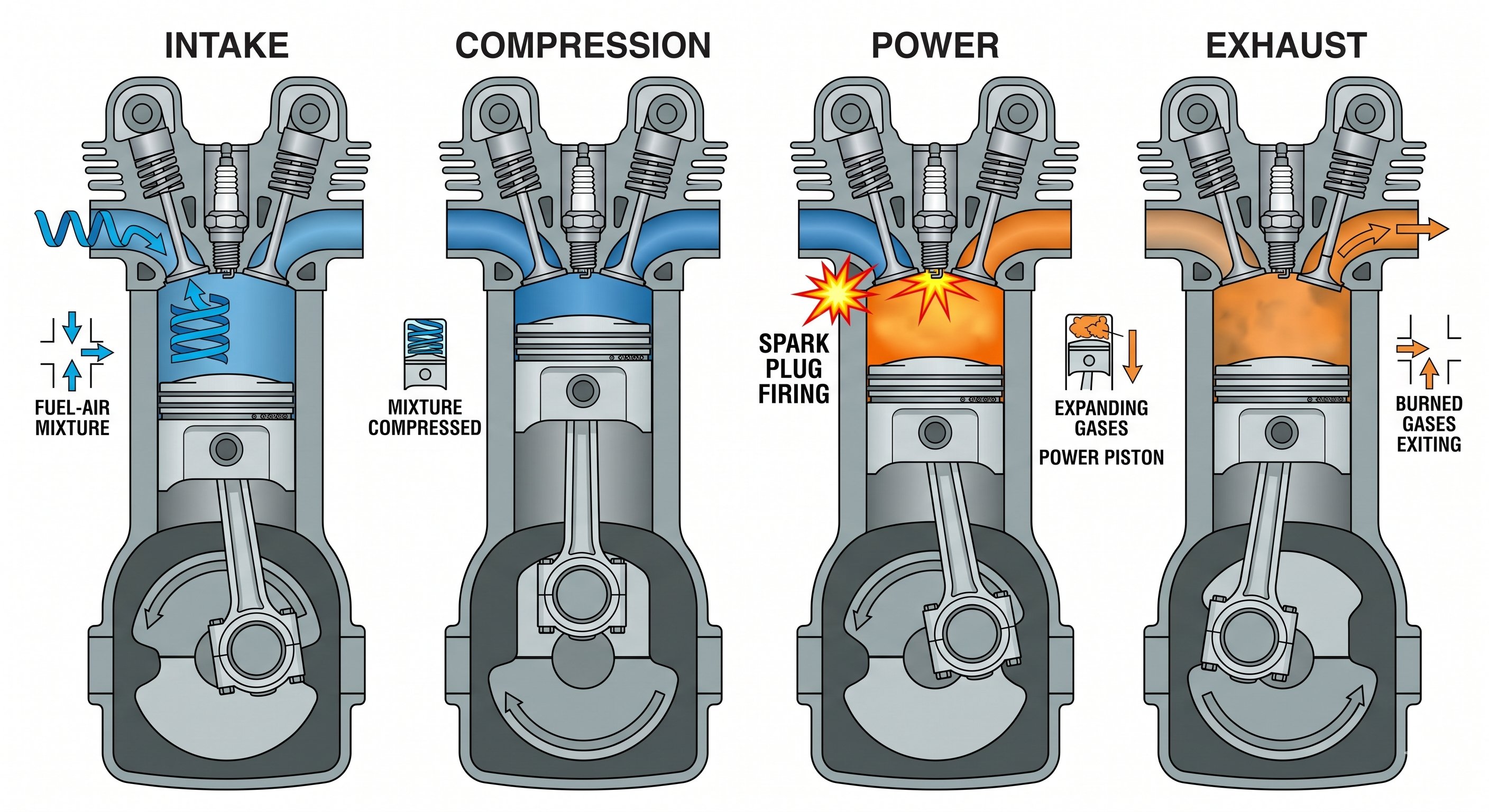 Four-stroke engine cycle cutaway: Intake (blue fuel-air mixture), Compression, Power (spark firing, orange expanding gases), Exhaust