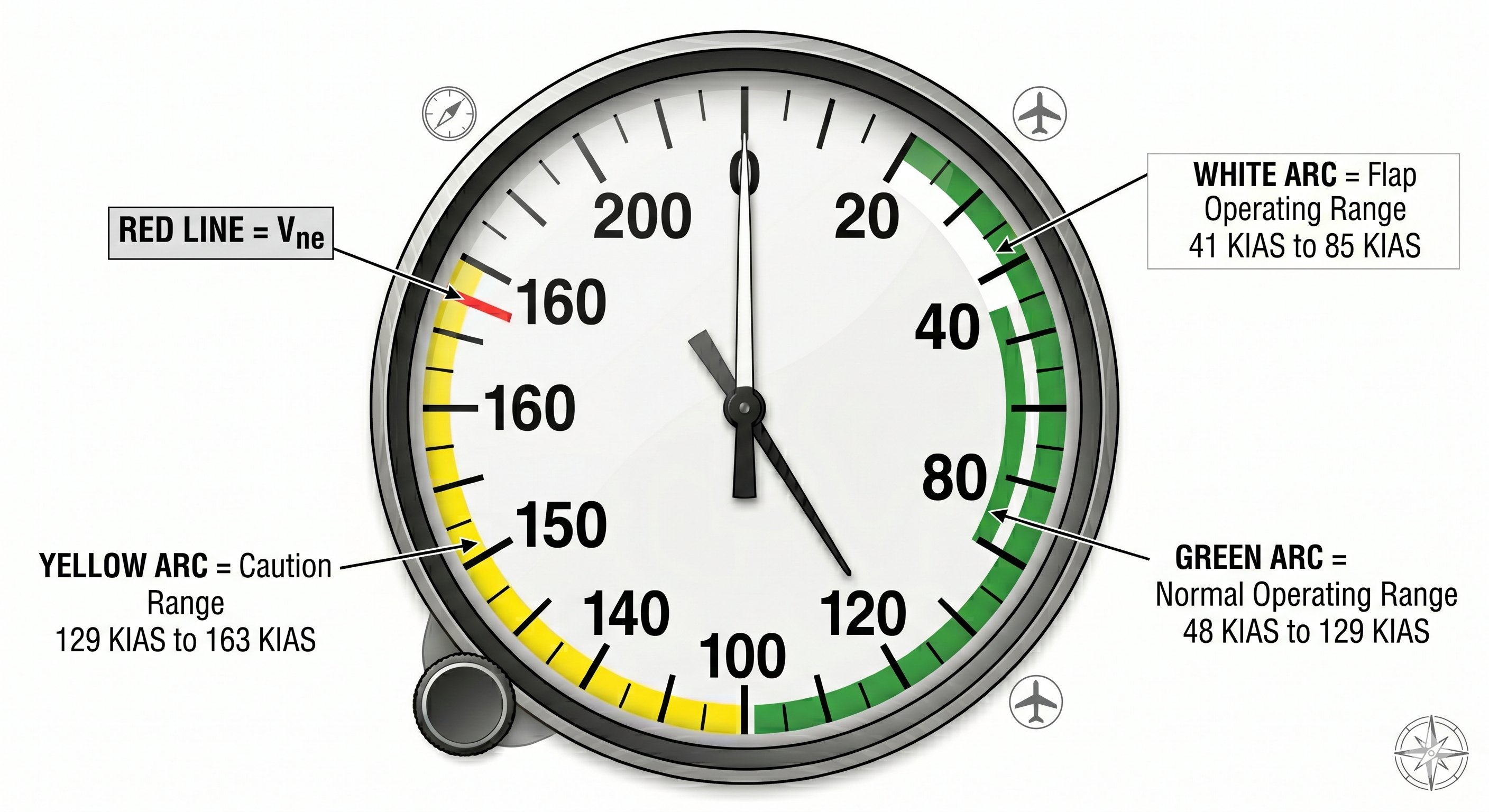 Close-up of a Cessna 172 airspeed indicator face showing white arc, green arc, yellow arc, and red Vne line, with numbers clearly visible