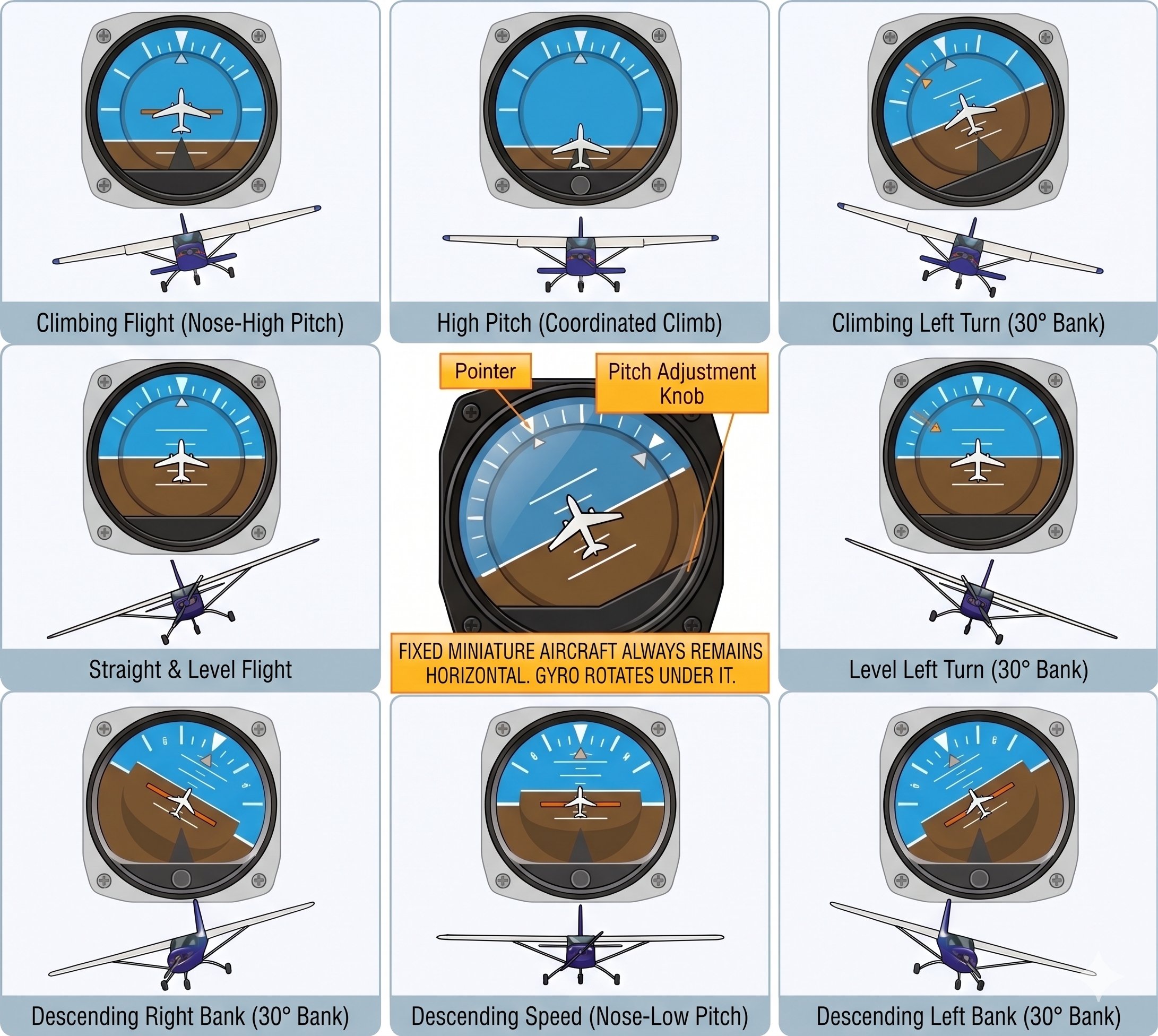 Nine attitude indicator positions showing climbing, level, descending, and banked flight attitudes with matching aircraft silhouettes