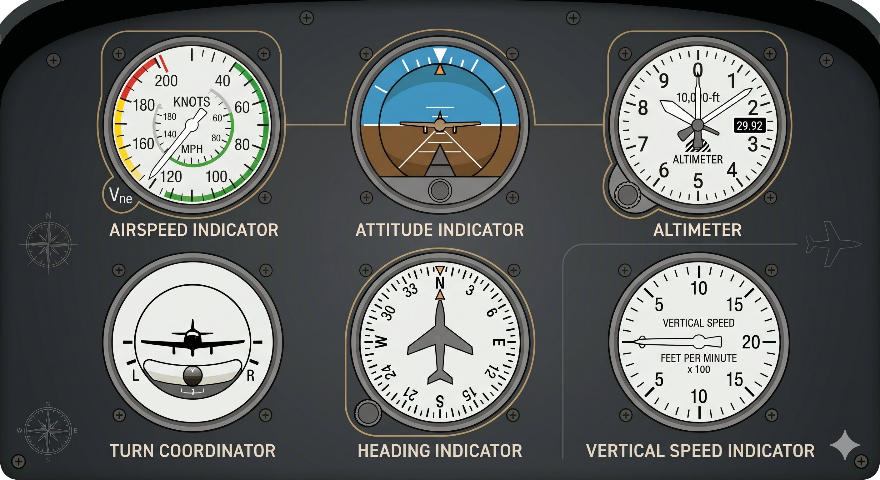 Classic six-pack instrument panel layout showing airspeed indicator, attitude indicator, altimeter, turn coordinator, heading indicator, and vertical speed indicator arranged in standard T configuration