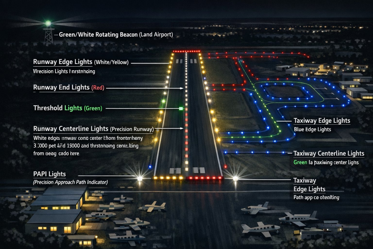 Night aerial photograph of airport showing runway with white/yellow edge lights, blue taxiway edge lights, green taxiway centerline lights, and PAPI lights visible on approach end