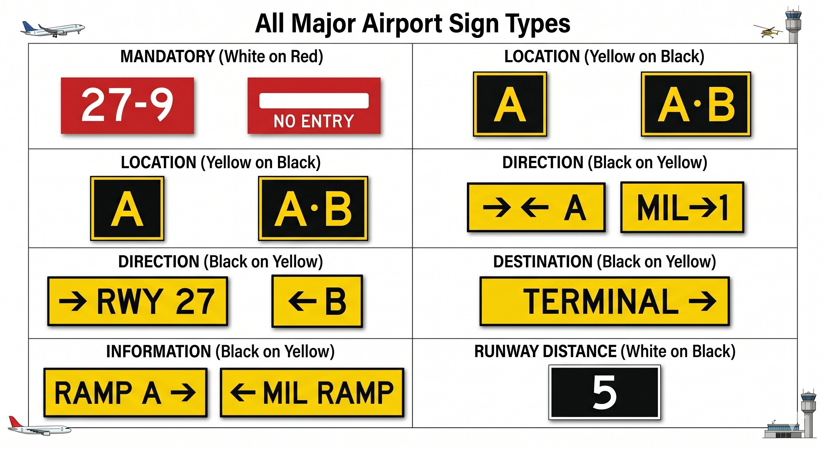 All major airport sign types: mandatory (white on red), location (yellow on black), direction (black on yellow), destination, information, and runway distance signs