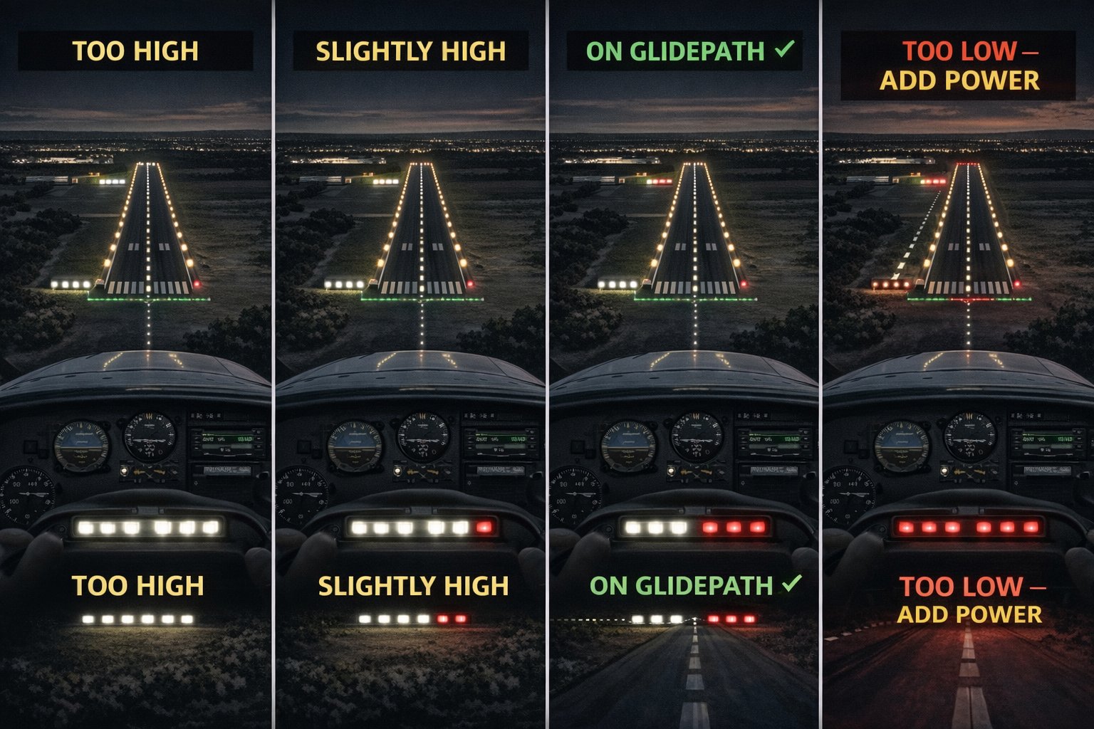 PAPI glidepath indicator showing four scenarios from pilot perspective: 4 white (too high), 3W1R (slightly high), 2W2R (on glidepath), 4 red (too low — add power)