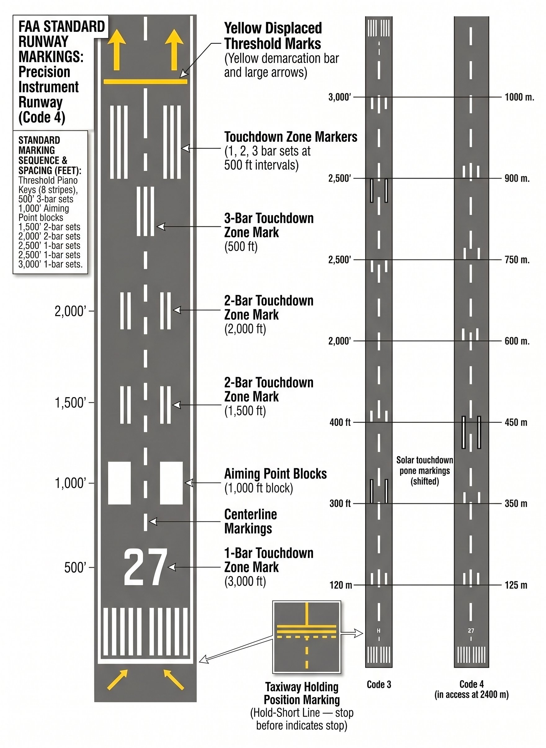 Aerial view of runway with all markings labeled: threshold bars, centerline dashes, touchdown zone markers, and runway numbers at each end on gray asphalt