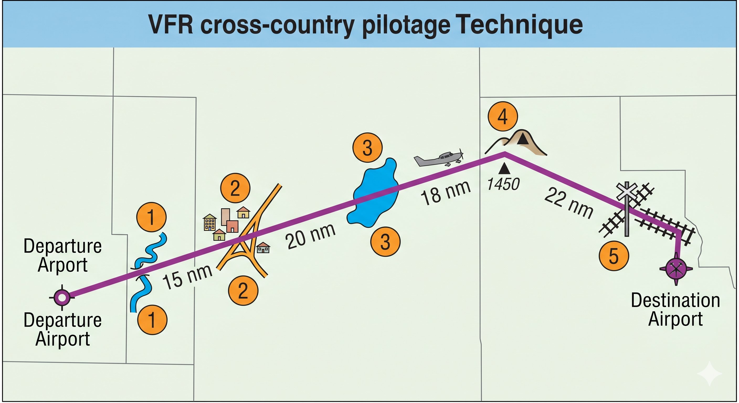 VFR cross-country pilotage technique showing numbered checkpoints along route with distances between each landmark