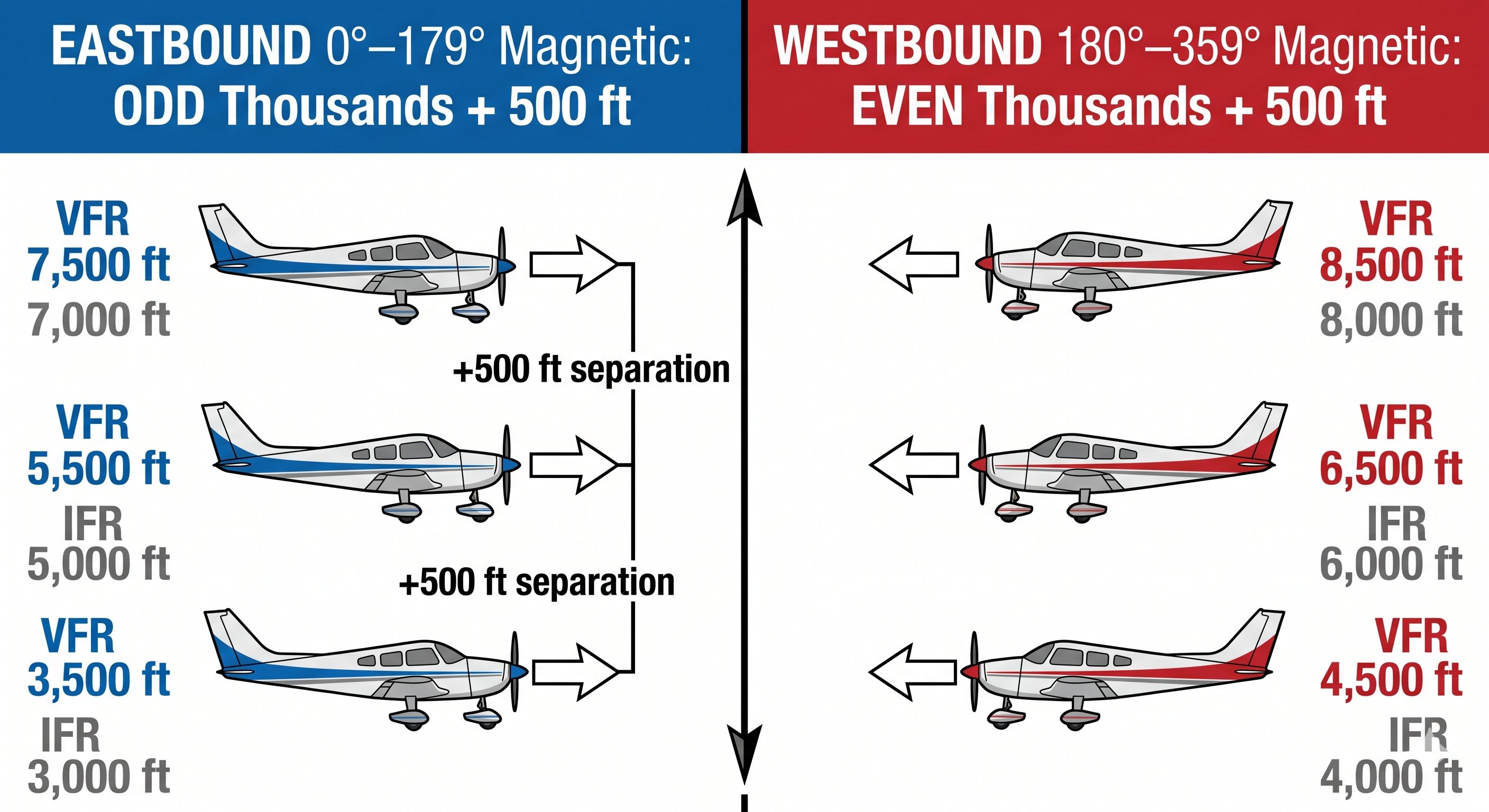 VFR cruising altitude rule: eastbound odd thousands + 500 ft, westbound even thousands + 500 ft, with IFR traffic separation shown