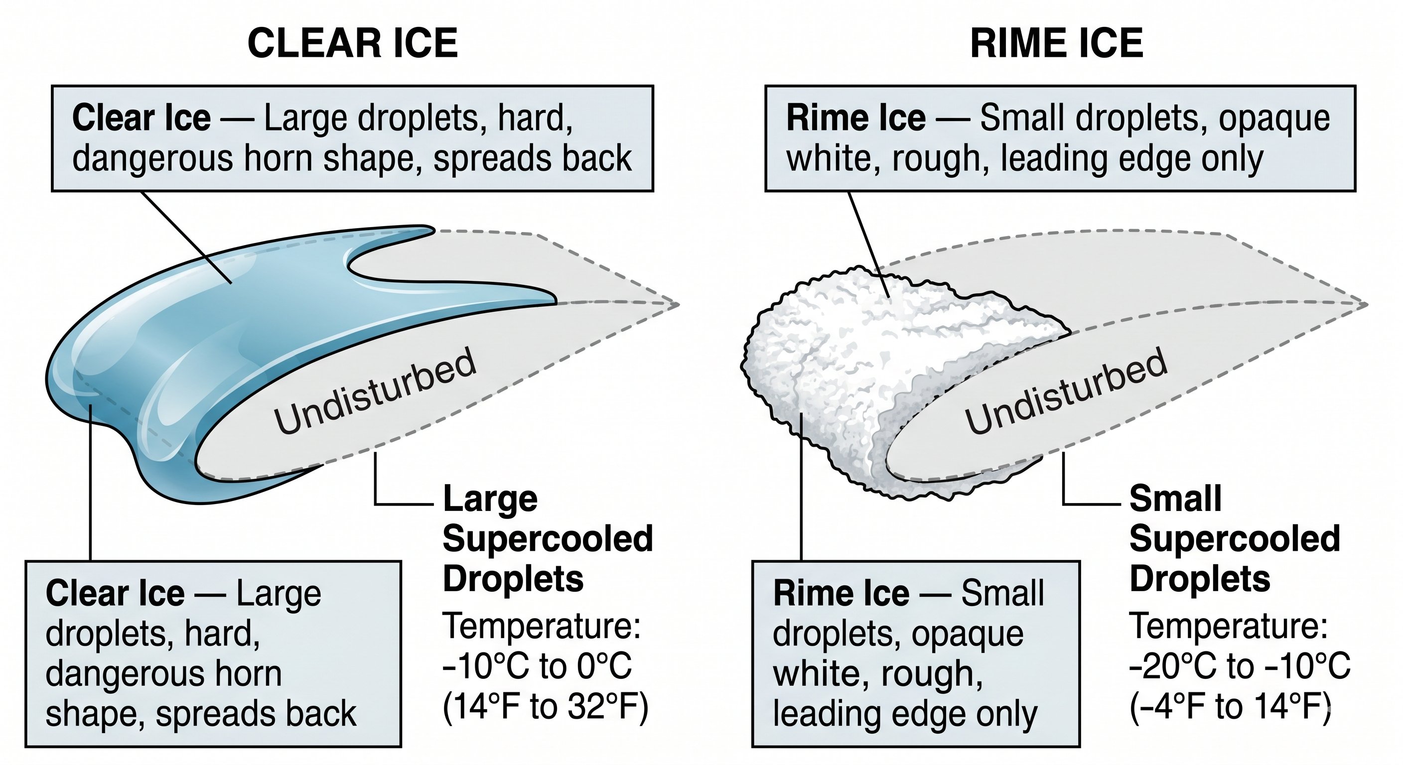 Clear ice vs rime ice comparison on wing airfoil cross-sections: clear ice from large supercooled droplets forms dangerous horn shape; rime ice from small droplets is white and confined to leading edge