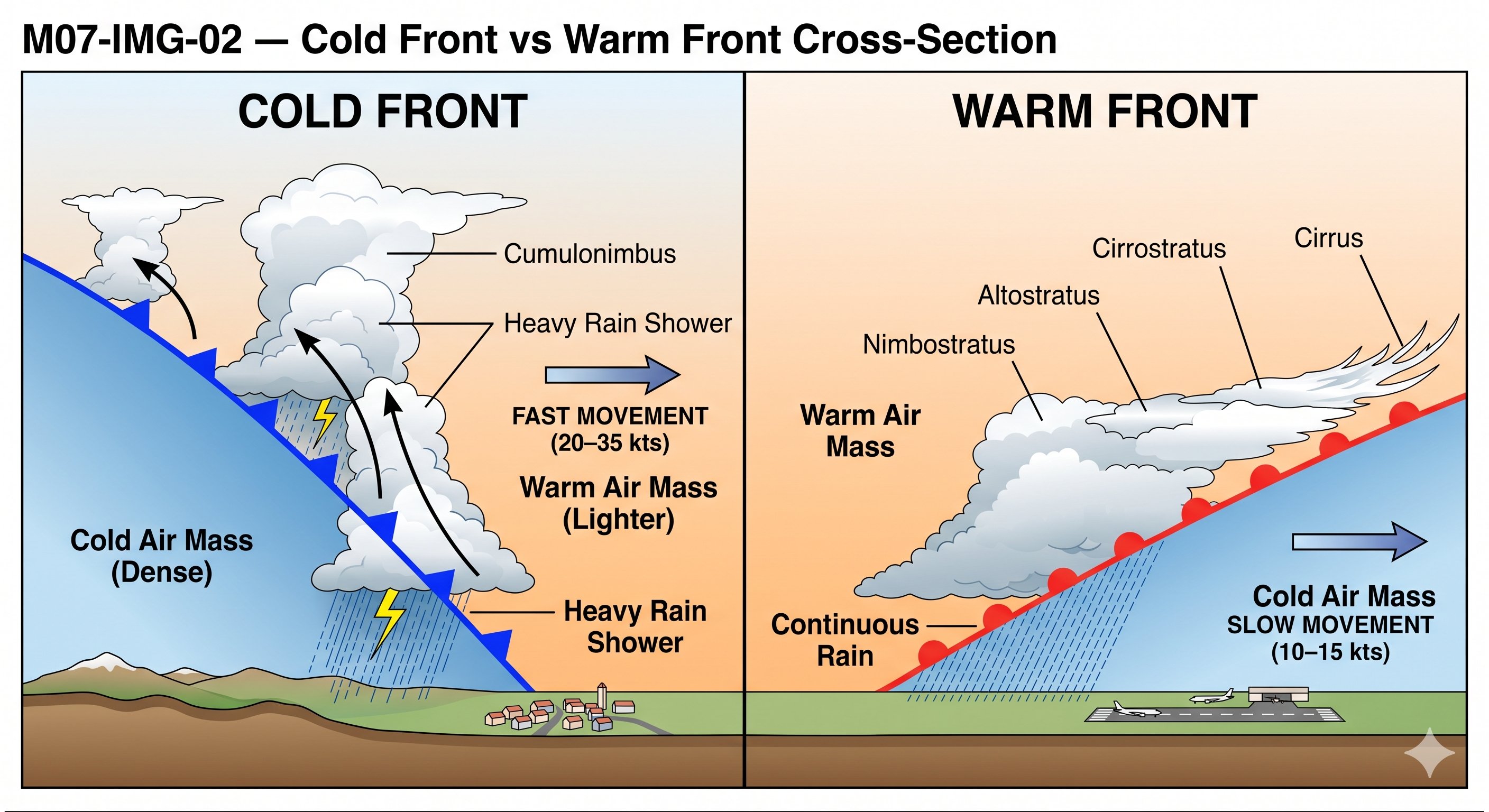 Cold front vs warm front cross-section: cold front shows fast-moving dense air undercutting warm air with cumulonimbus; warm front shows gradual overriding with layered cloud sequence from cirrus to nimbostratus