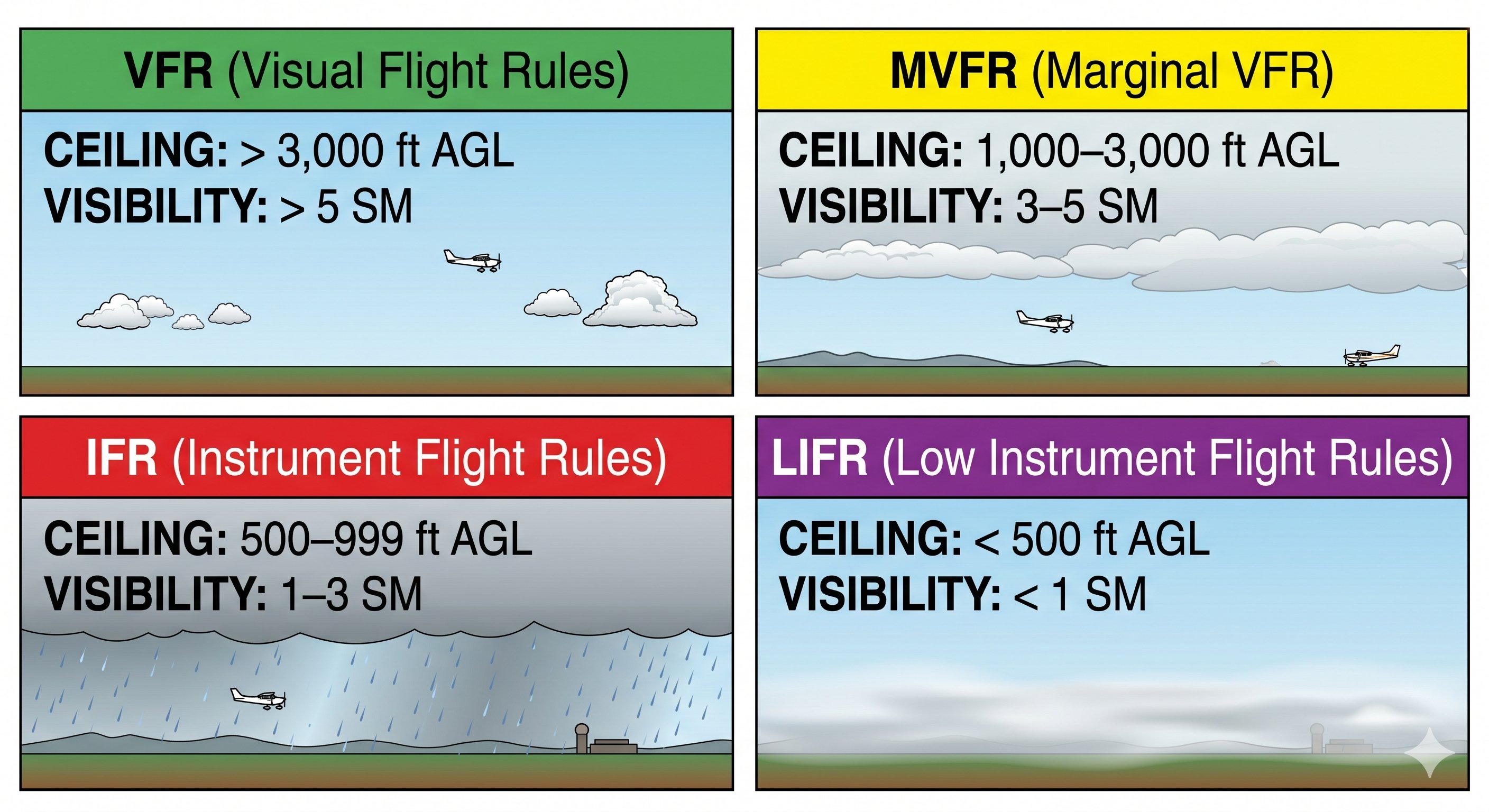 VFR flight category comparison: VFR (green, ceiling above 3000 ft, vis above 5 SM), MVFR (yellow, 1000-3000 ft, 3-5 SM), IFR (red, 500-999 ft, 1-3 SM), LIFR (purple, below 500 ft, below 1 SM)