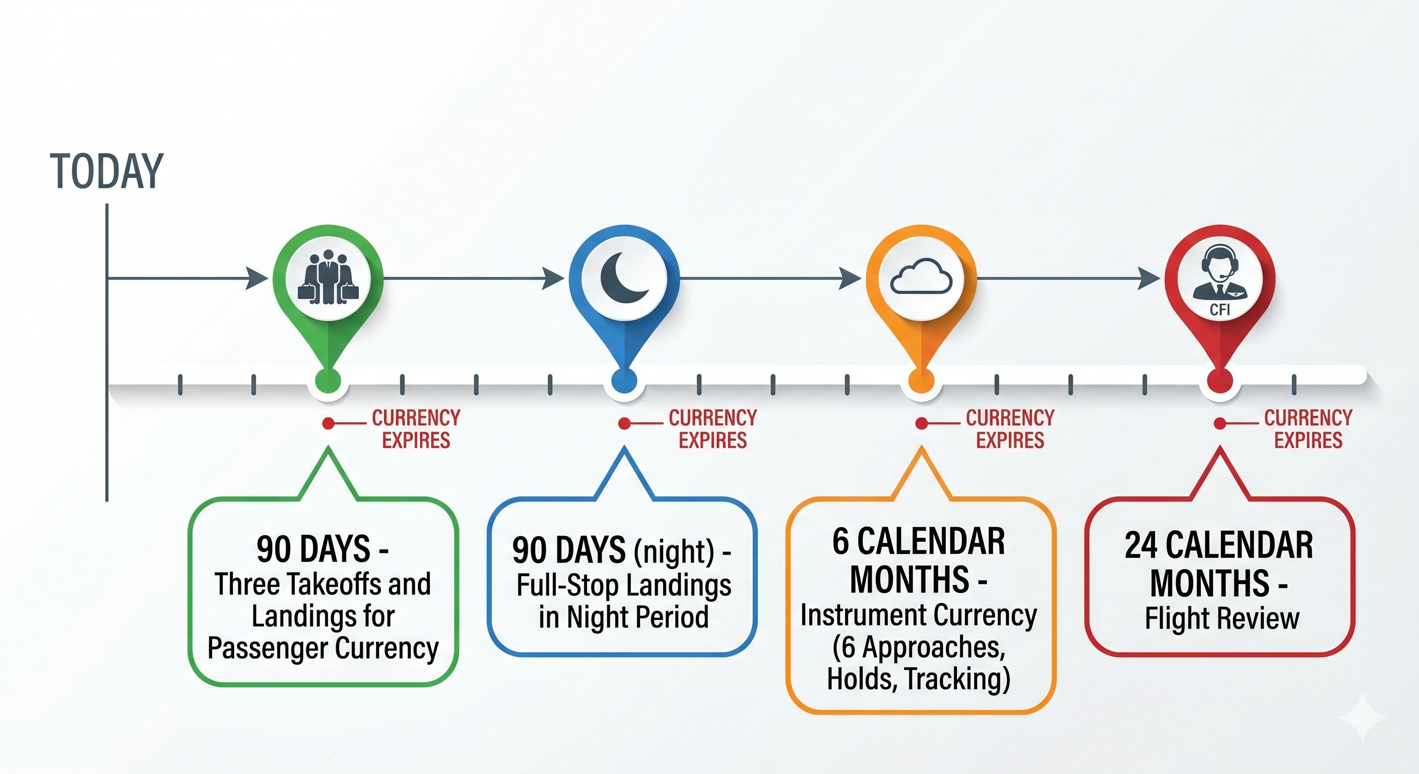 Pilot currency timeline showing 90-day passenger currency, 90-day night currency (full-stop), 6-month instrument currency, and 24-month flight review expiration points