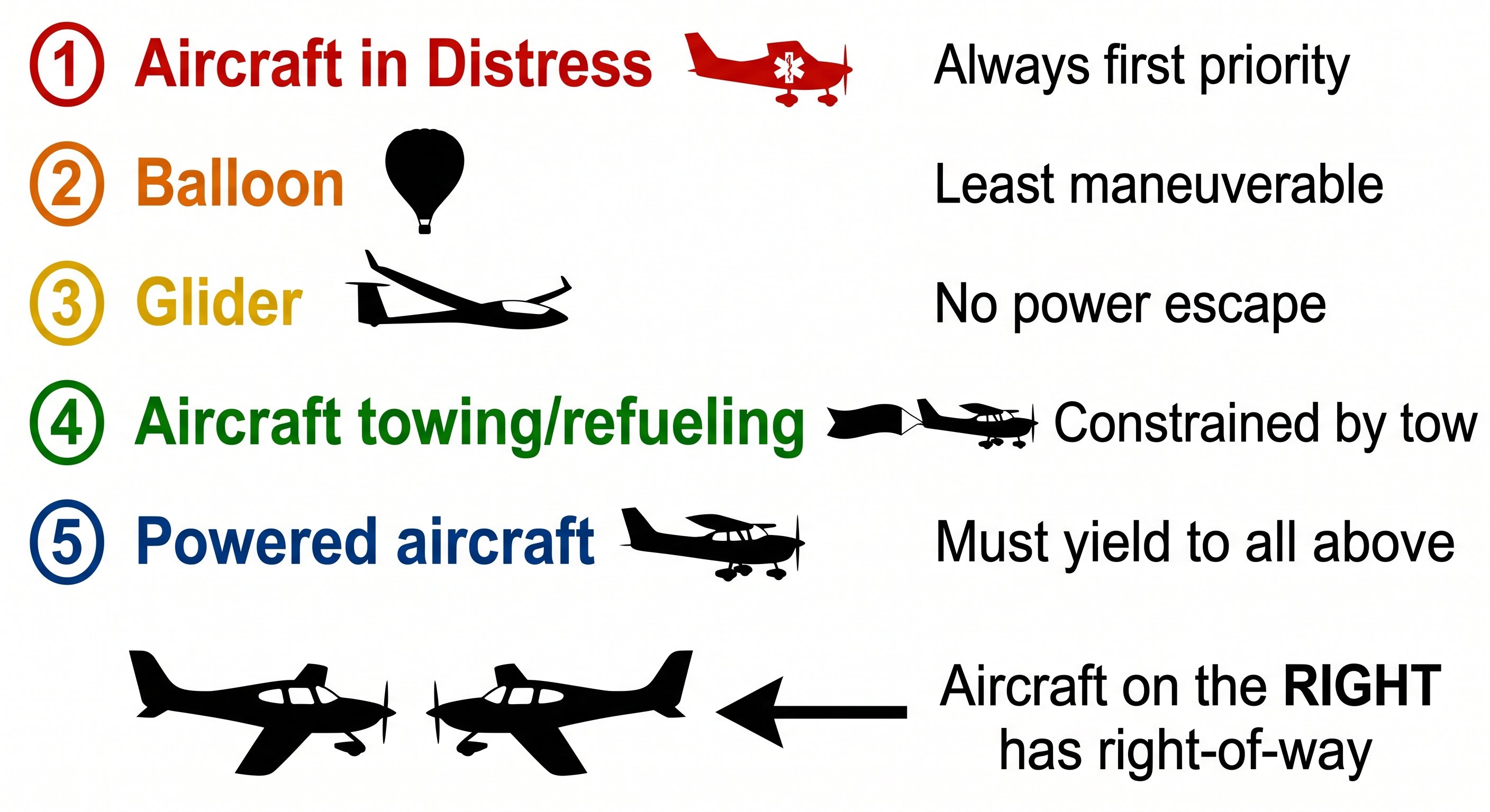 Right-of-way priority order: 1) Aircraft in distress (always first), 2) Balloon (least maneuverable), 3) Glider (no power escape), 4) Aircraft towing/refueling (constrained), 5) Powered aircraft (must yield to all above). Aircraft on the RIGHT has right-of-way in converging situation.