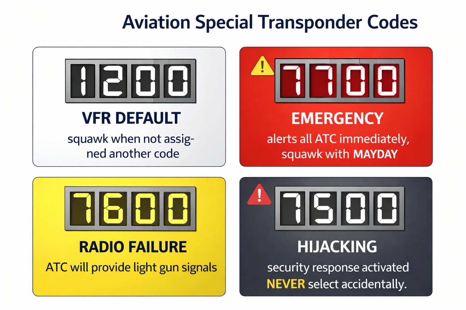Aviation special transponder codes: 1200 VFR default (squawk when not assigned), 7700 Emergency (alerts all ATC, squawk with MAYDAY), 7600 Radio Failure (ATC provides light gun signals), 7500 Hijacking (security response — NEVER select accidentally)