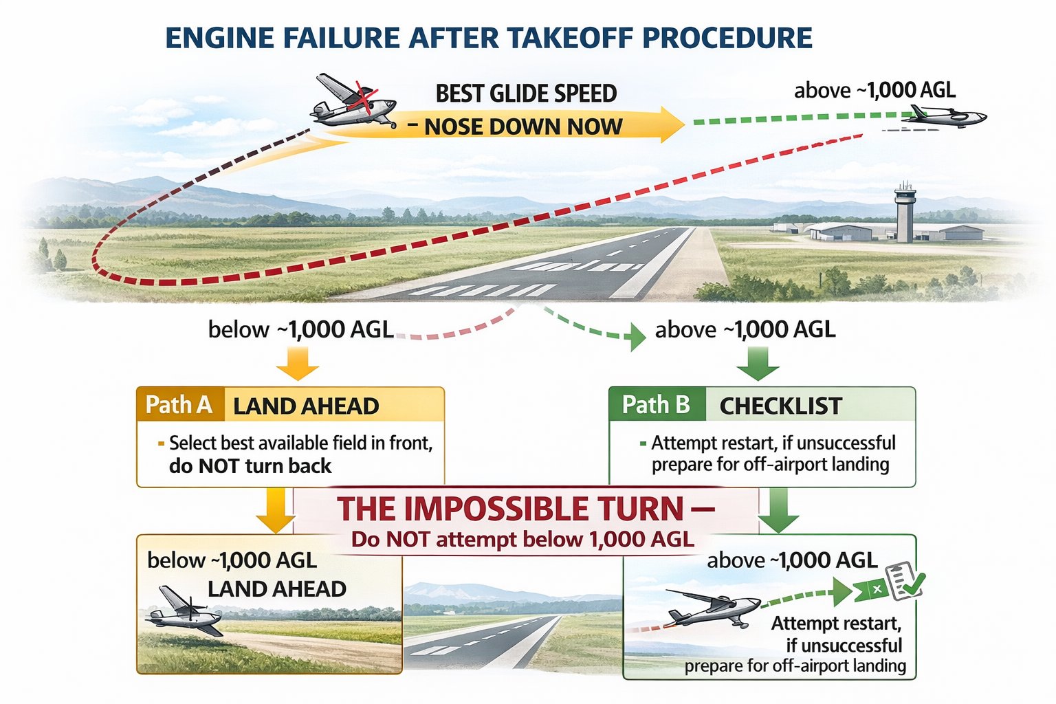 Engine failure after takeoff procedure: immediately establish best glide speed nose down. Below ~1000 AGL: land ahead in best available field (Path A, do NOT turn back — the impossible turn). Above ~1000 AGL: run restart checklist, if unsuccessful prepare for off-airport landing (Path B).