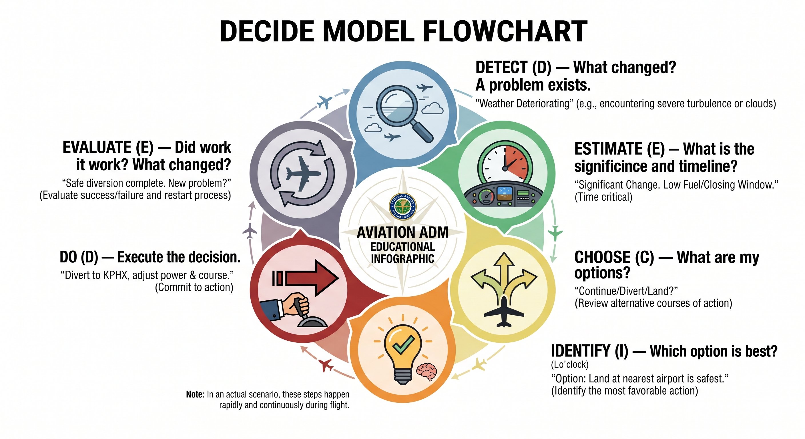 DECIDE model flowchart: Detect (what changed?), Estimate (significance and timeline), Choose (what are my options?), Identify (which option is best?), Do (execute the decision), Evaluate (did it work?) — shown as a continuous cycle with aviation examples for each step