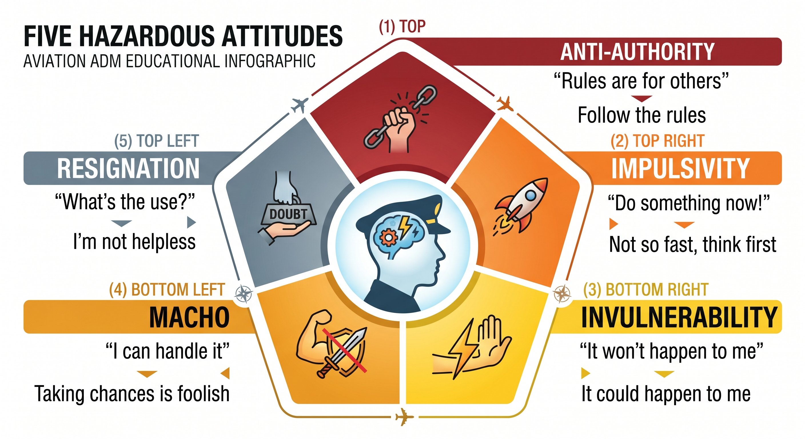 Five hazardous attitudes pentagon: Anti-authority (rules are for others → follow the rules), Impulsivity (do something now → not so fast think first), Invulnerability (it won't happen to me → it could happen to me), Macho (I can handle it → taking chances is foolish), Resignation (what's the use → I'm not helpless)