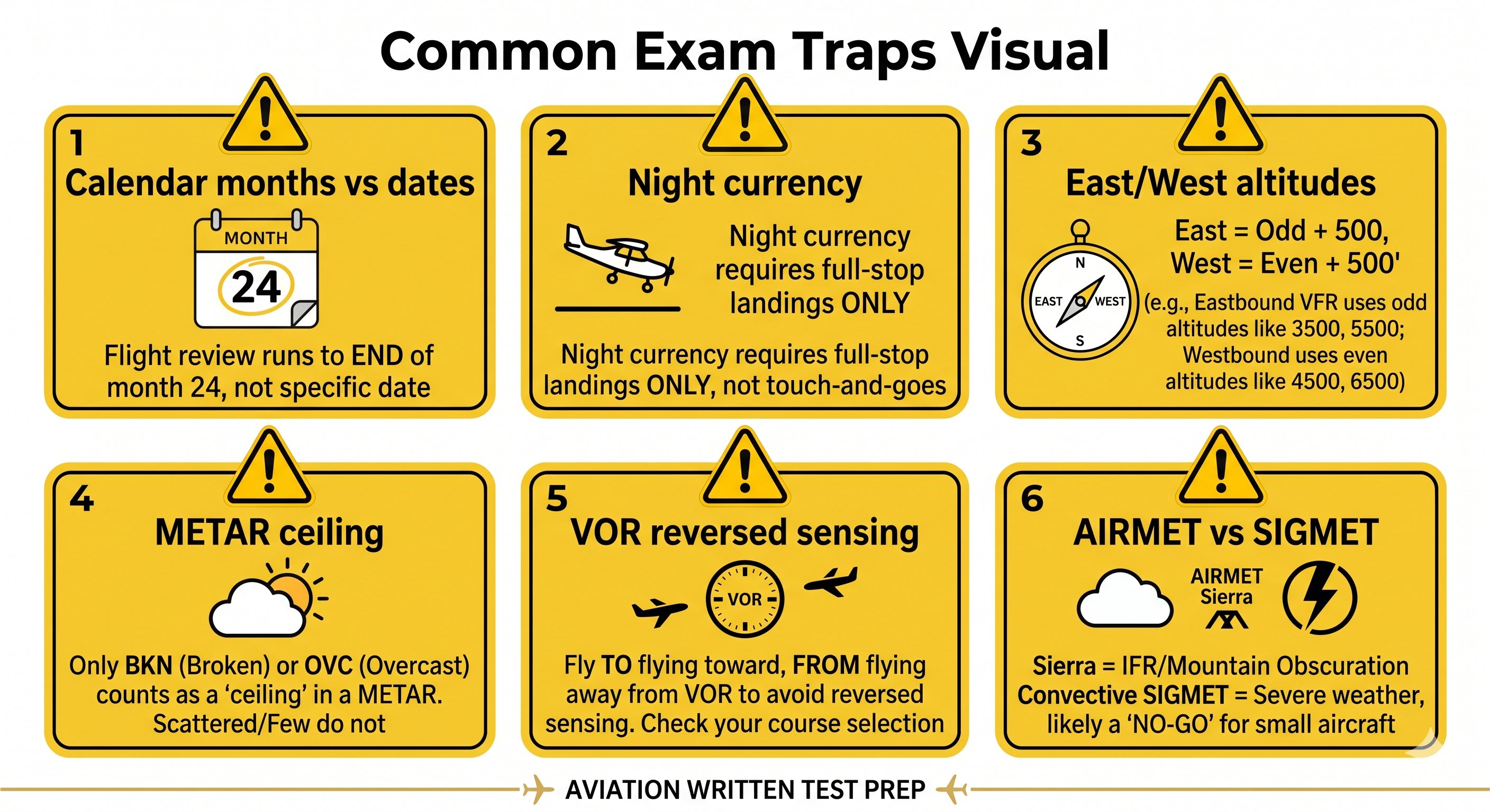 Common exam traps: 1) Calendar months vs dates (flight review runs to END of month 24), 2) Night currency requires full-stop landings ONLY, 3) East/West altitudes (East=Odd+500, West=Even+500), 4) METAR ceiling (only BKN or OVC counts), 5) VOR reversed sensing (TO flying toward, FROM flying away), 6) AIRMET Sierra vs Convective SIGMET
