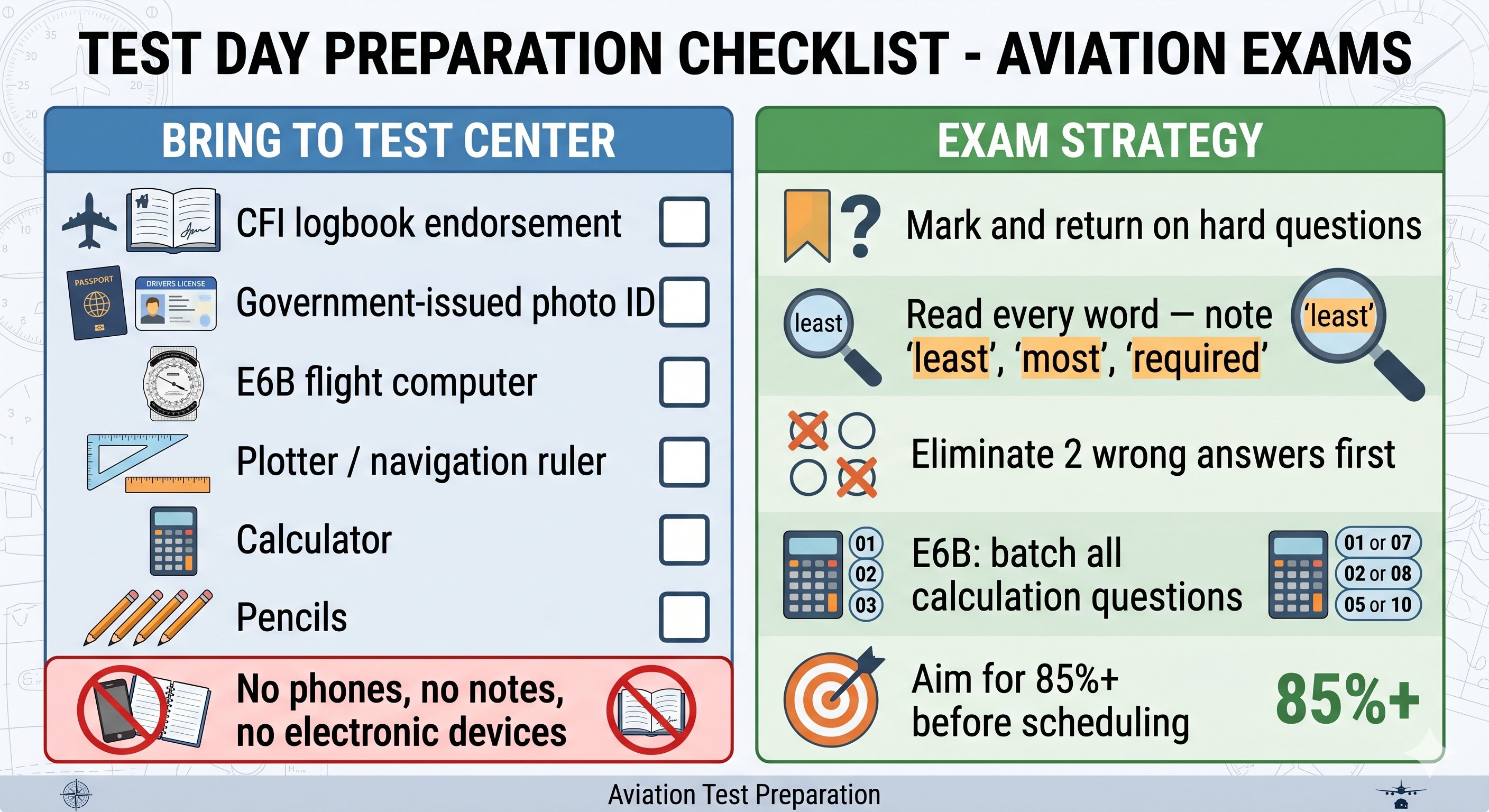 Test day preparation checklist: Bring to test center — CFI logbook endorsement, government photo ID, E6B flight computer, plotter/navigation ruler, calculator, pencils. No phones, no notes, no electronic devices. Exam strategy: mark and return on hard questions, read every word noting least/most/required, eliminate 2 wrong answers first, batch E6B calculations, aim for 85%+ before scheduling.