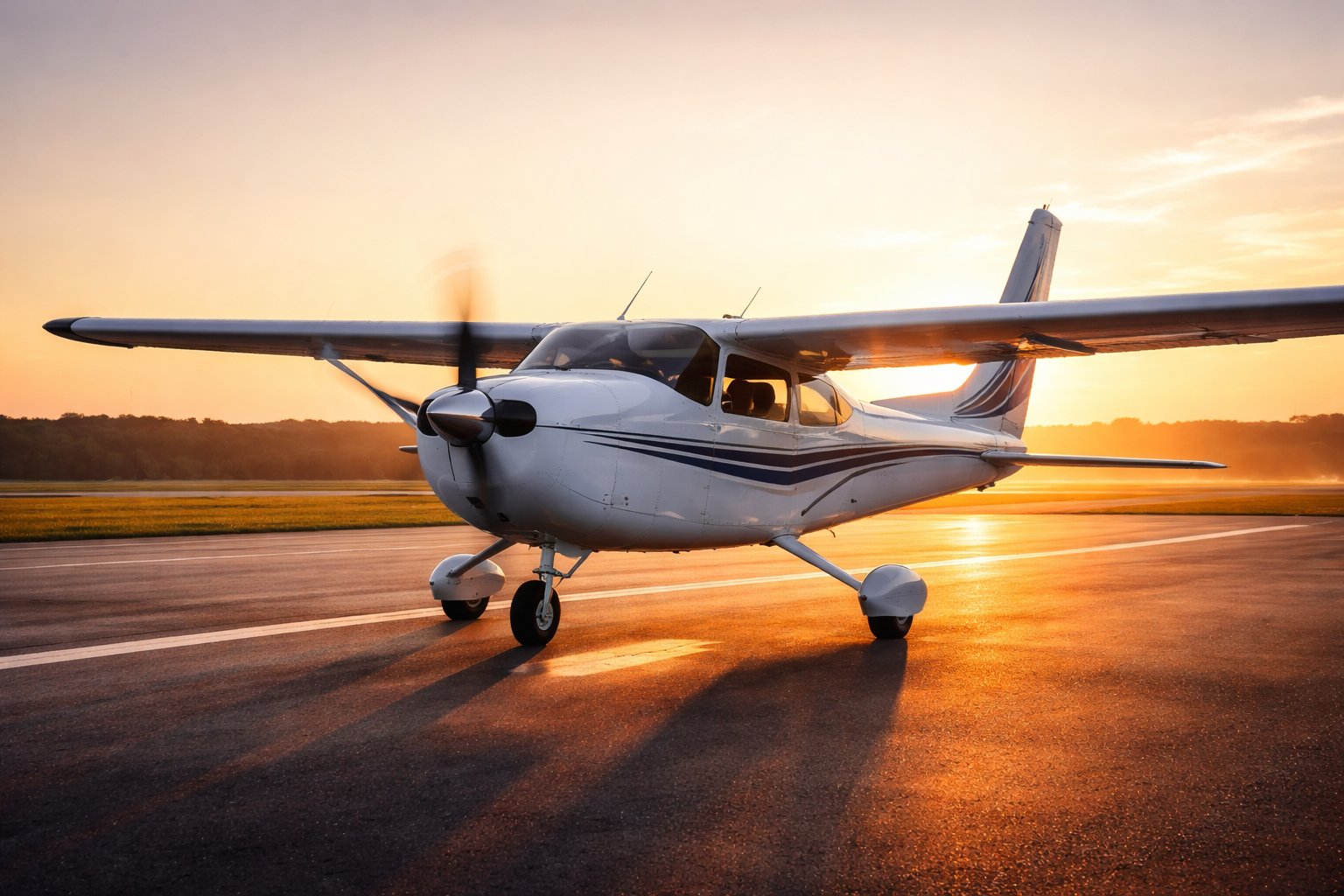 Cessna 172 training aircraft at sunset