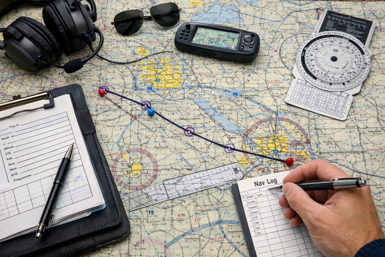 Pilot planning cross-country flight with nav log and sectional chart